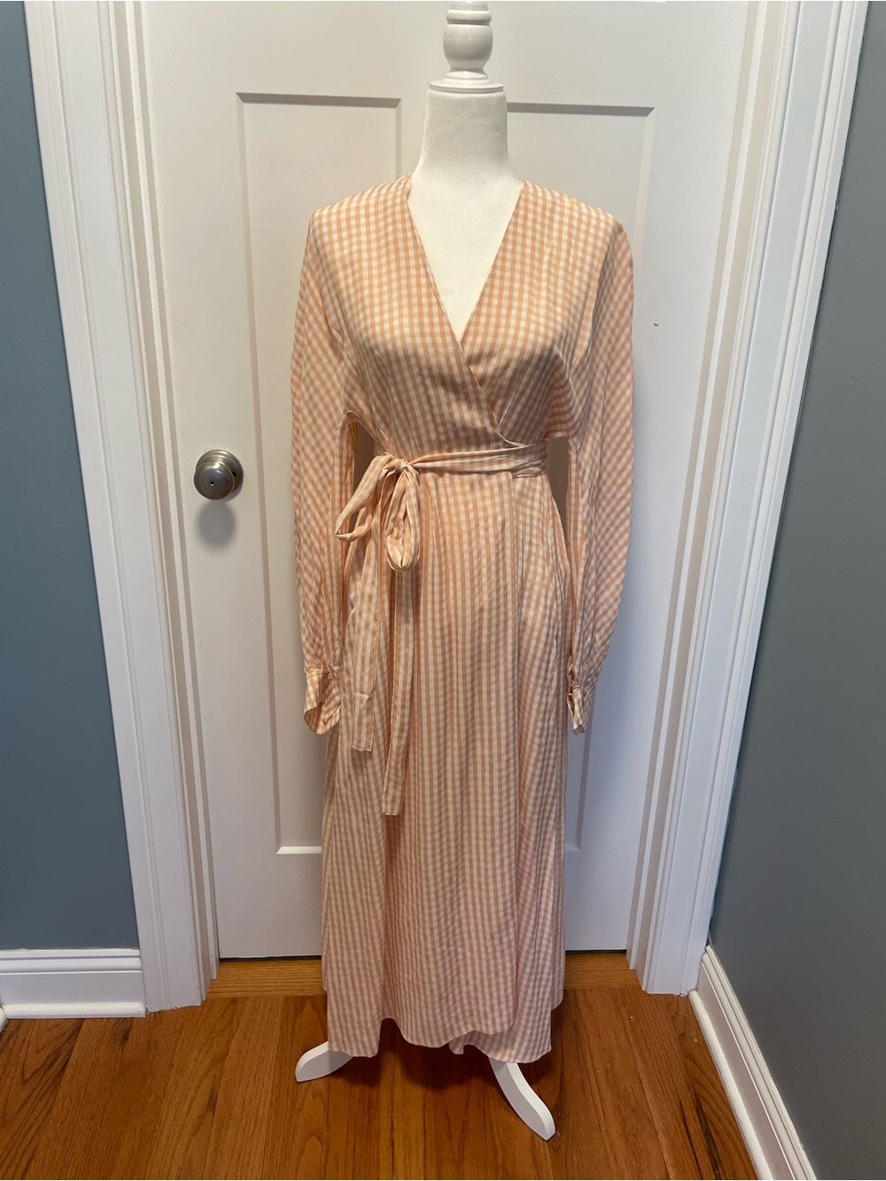 Scanlan Theodore Gingham Wrap Front Dress Peach White Midi Dress Pocket S/M